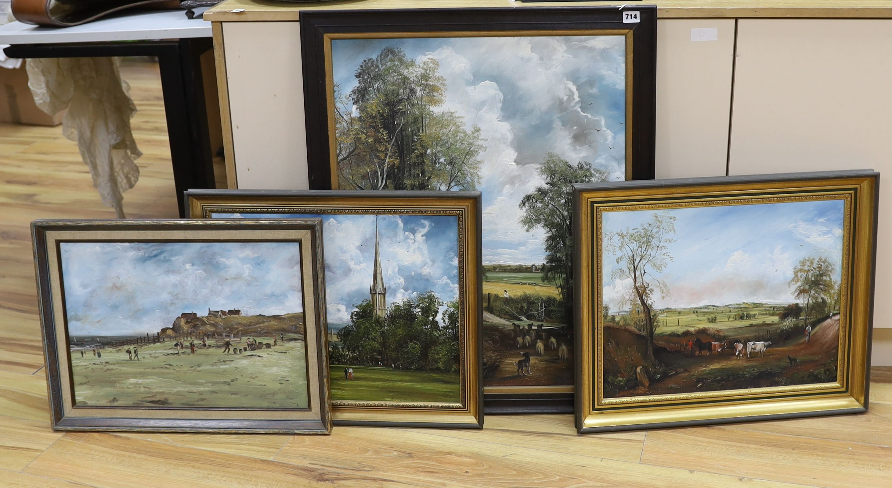 Raymond Price (20th century), four oils on board, Landscape after Constable, Beach scene, Salisbury Cathedral and Cattle on a lane, signed, largest 72 x 56cm